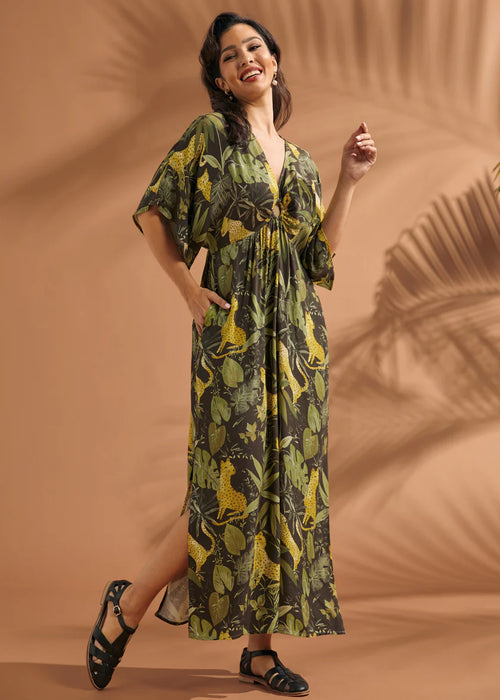 Jungle leopard print kaftan maxi dress - front view