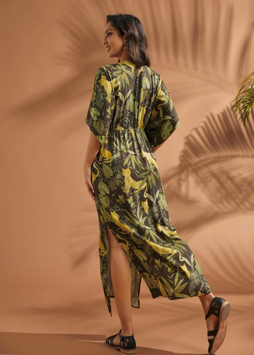 Jungle leopard print kaftan maxi dress - back view with side slit
