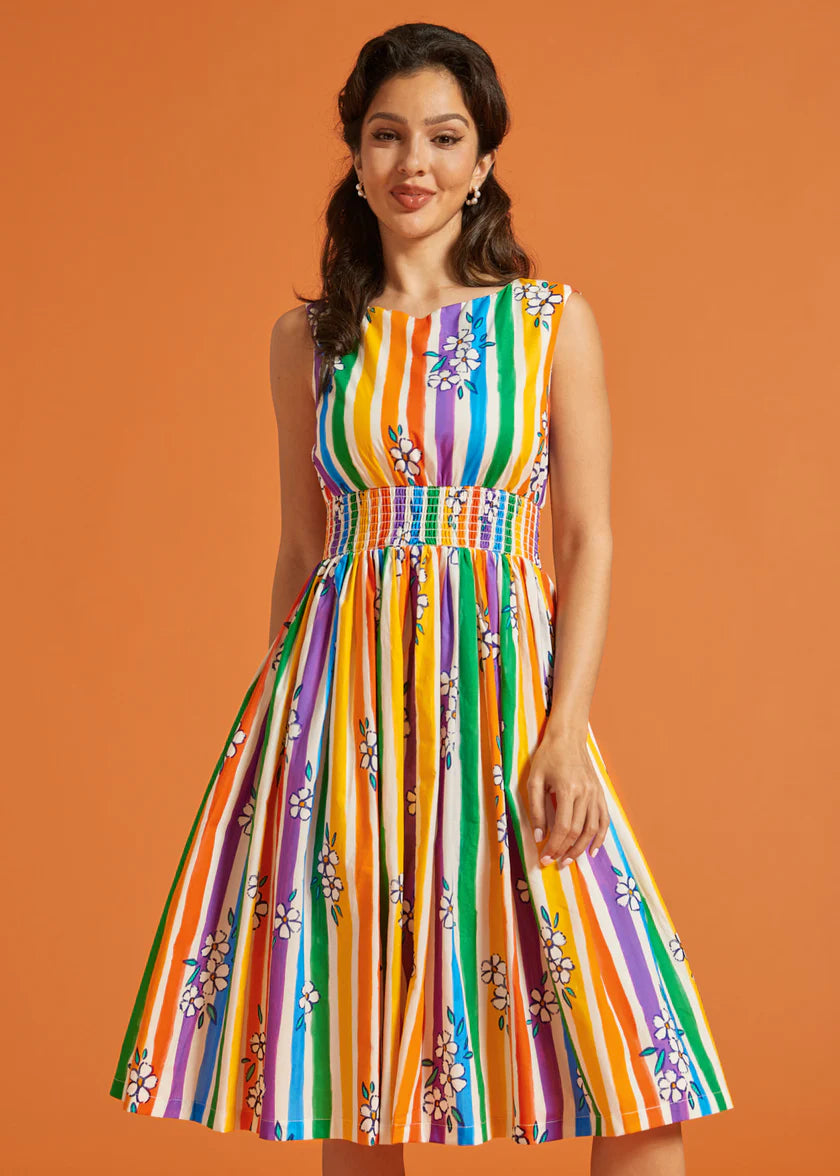 Rainbow stripe floral midi dress with smocked waist