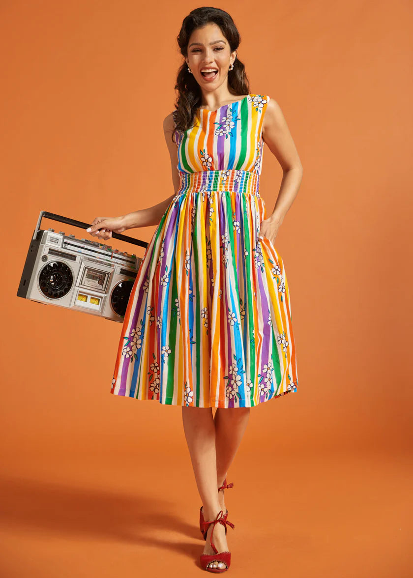 Rainbow Stripe Floral Midi Dress