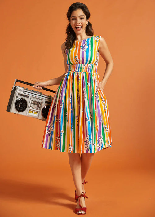 Rainbow Stripe Floral Midi Dress