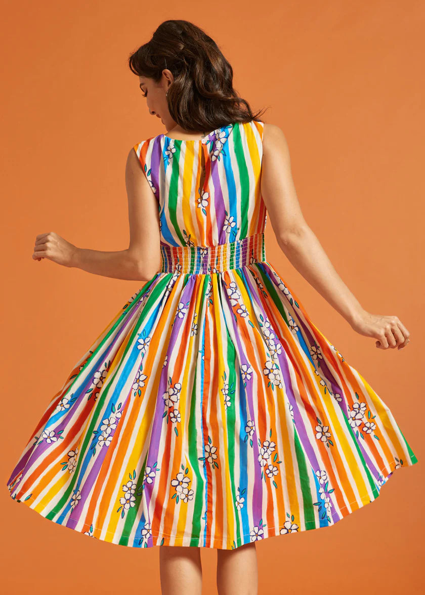 Rainbow Stripe Floral Midi Dress